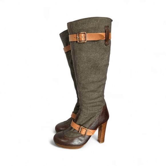 Ugg Collection Aniela Leather Wool Knee High Heeled Boots Buckle Sherpa 7.5M - Picture 1 of 9